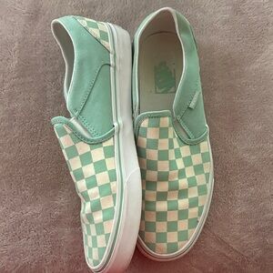Vans Mint Green and Cream Checkered Slip-On Shoes